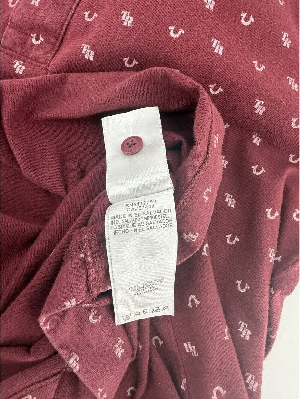 True Religion Men's Burgundy Polo Shirt Logo Micro Pattern Short Sleeve Medium